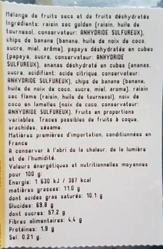 Mélange exotique nutrition facts table