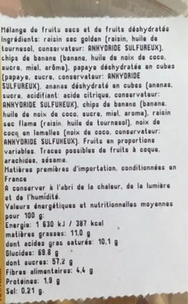 Melange exotique ingredients label