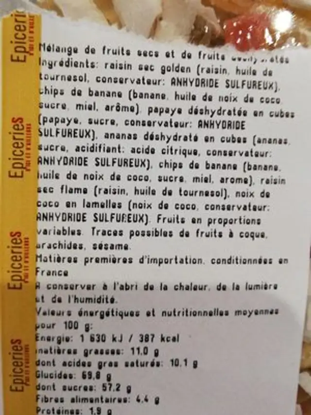 Mélange exotique ingredients label