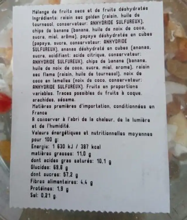 Mélange exotique ingredients label