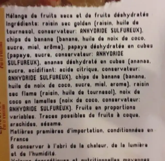 Mélange exotique ingredients label