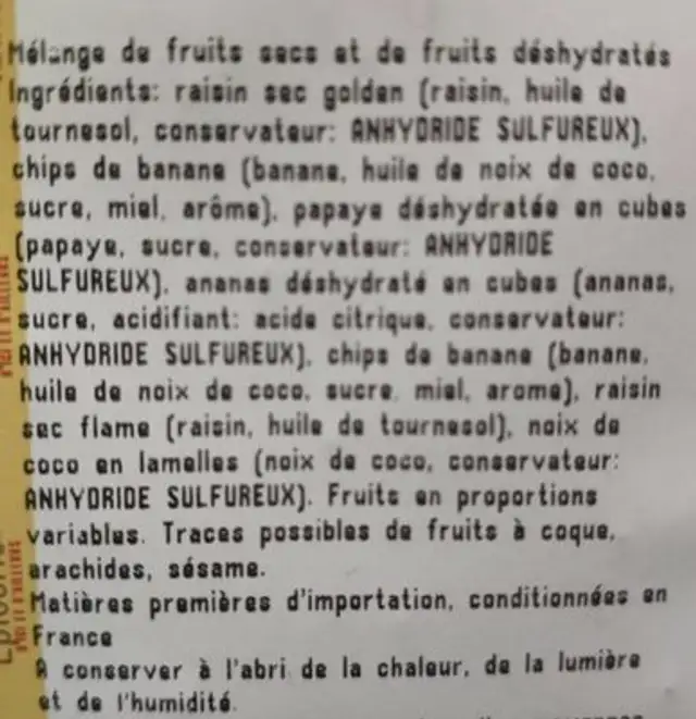 Melange Exotique ingredients label