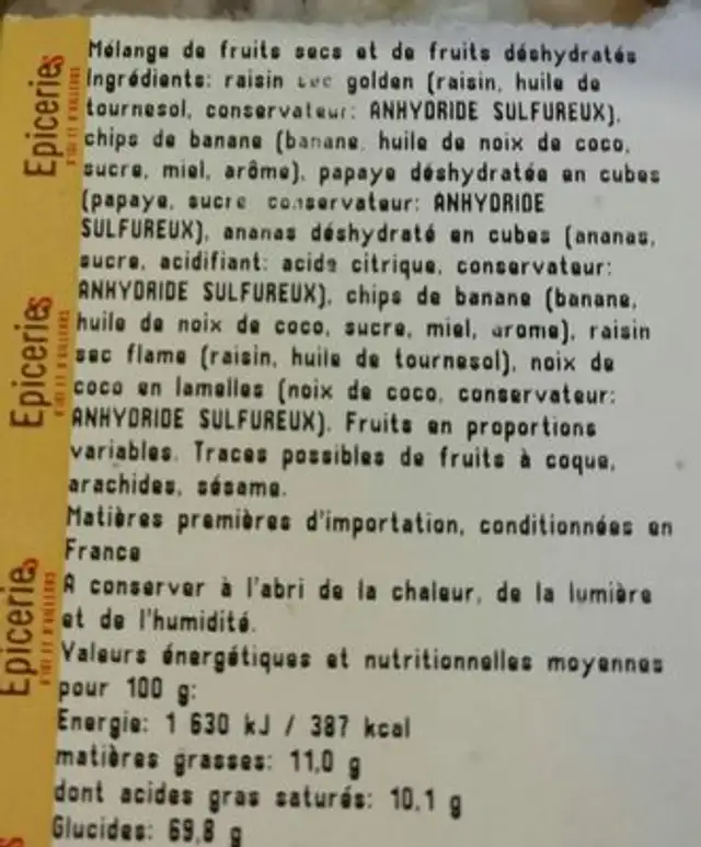 Mélange exotique ingredients label