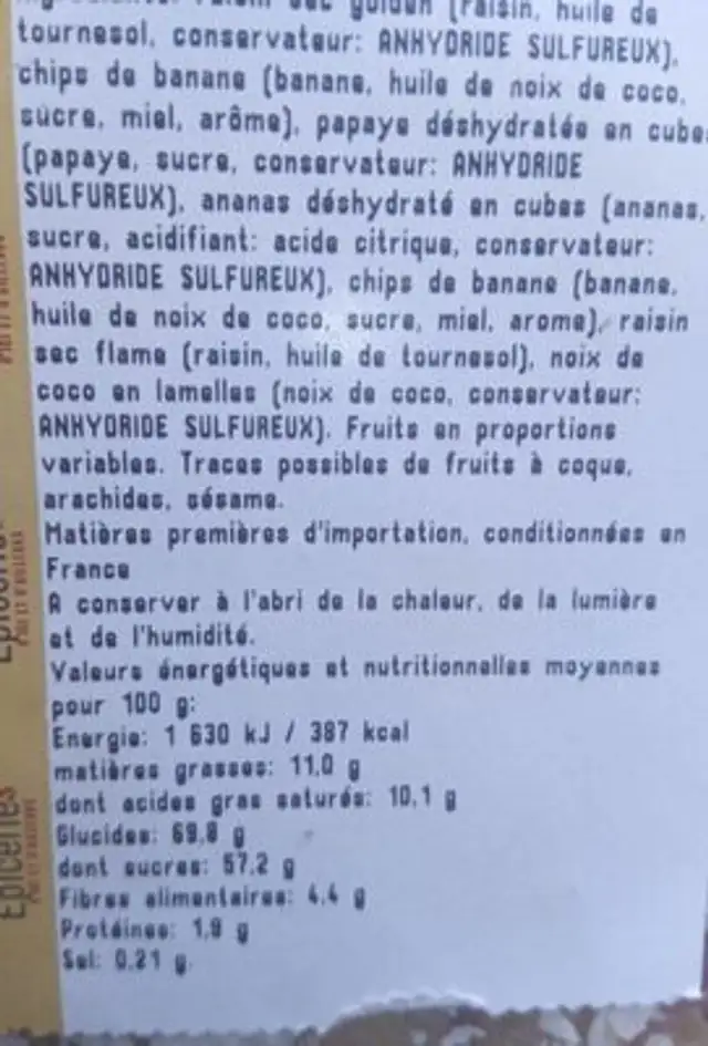 Mélange exotique nutrition facts table