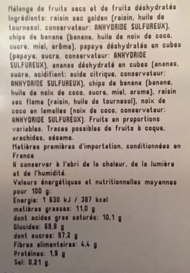 Melange exotique ingredients label
