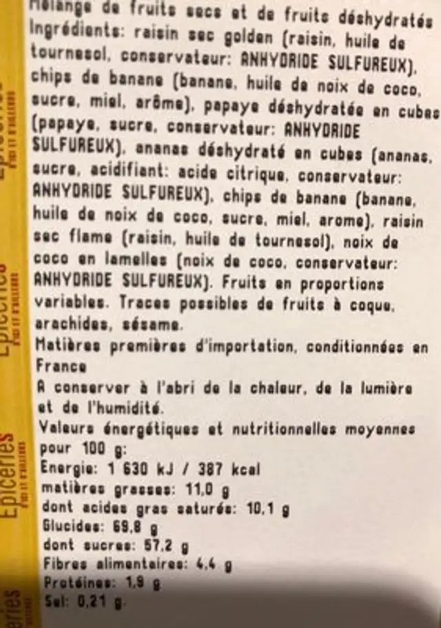 Memange exotique ingredients label