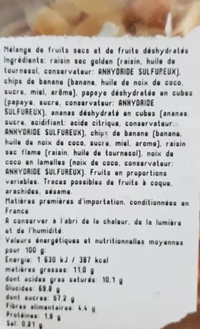 Mélange exotique ingredients label