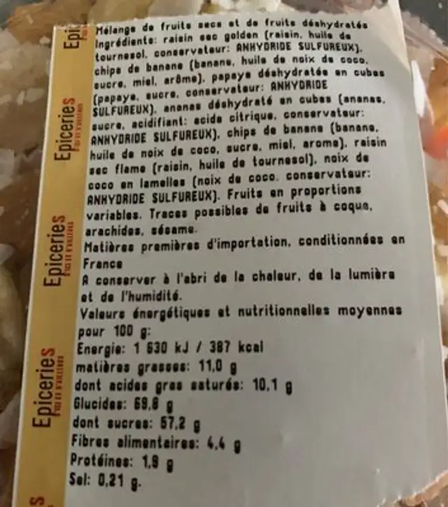 Melange fruits exotique nutrition facts table