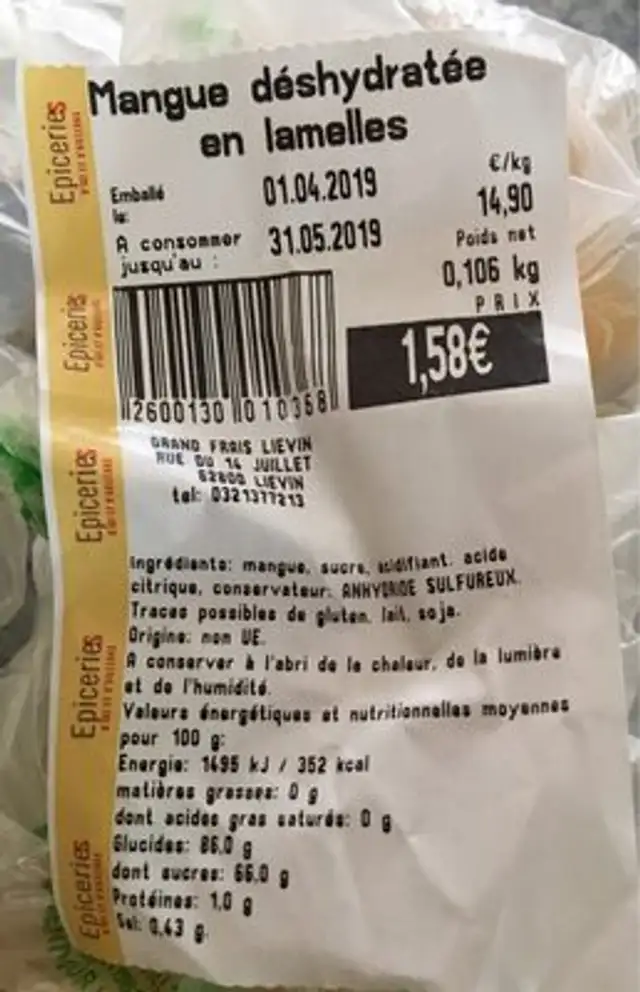 Mangue deshydratee en lamelle ingredients label