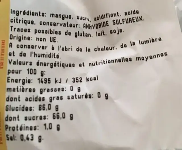 Mangue deshydratee en lamelle nutrition facts table