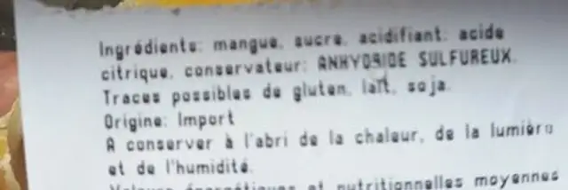 Mangue deshydratée en lamelle ingredients label