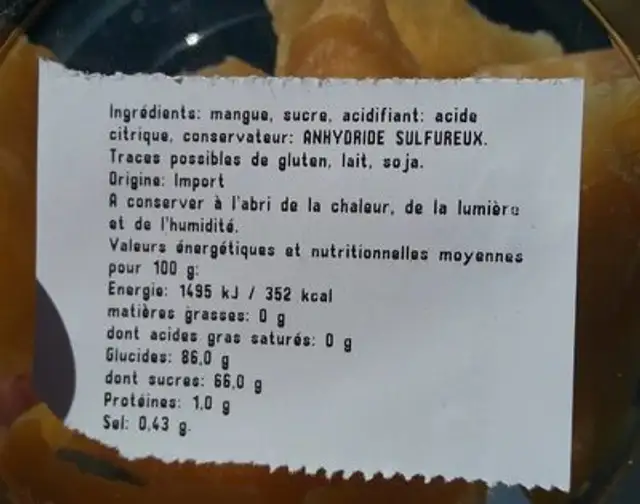 Mangue deshydratée en lamelle nutrition facts table