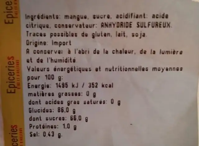 Mangue déshydratée en lamelles ingredients label
