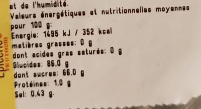 Mangue déshydratée en lamelles nutrition facts table
