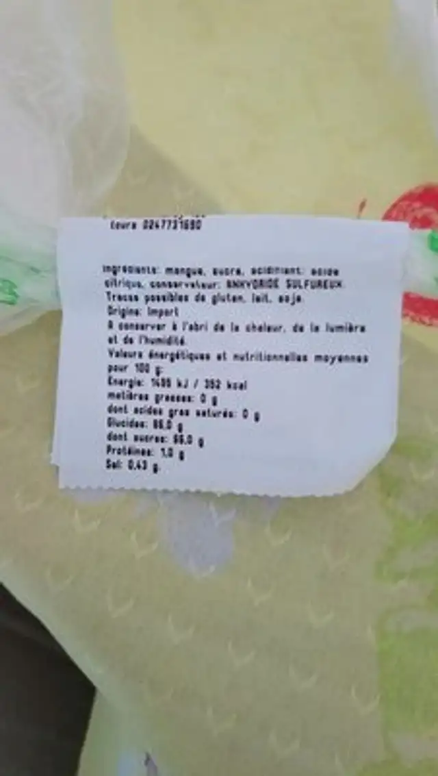 Mangue déshydratée en lamelle ingredients label