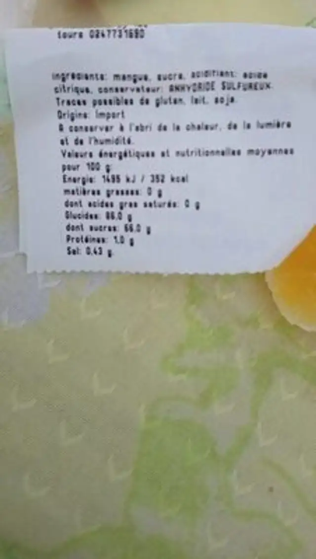 Mangue déshydratée en lamelle nutrition facts table