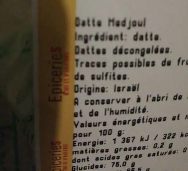 Datte medjoul ingredients label