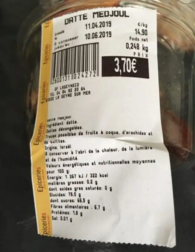 Datte medjoul ingredients label