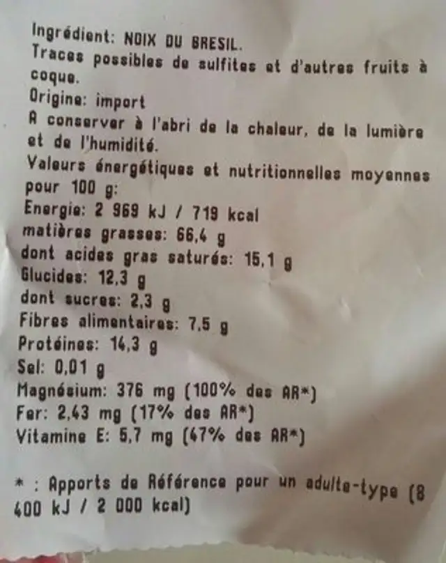 Noix du bresil ingredients label