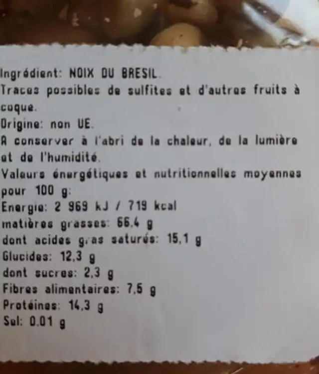 Noix du brésil décortiquées crues ingredients label