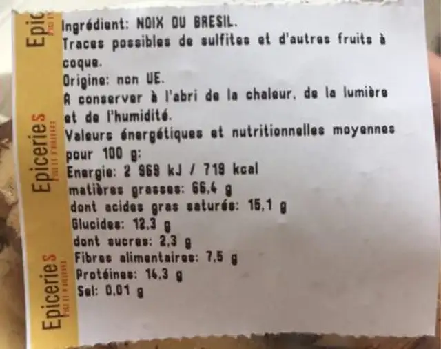 Noix du bresil decortiquées crues ingredients label