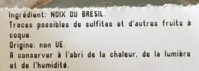 Noix du Bresil decortiqués crues ingredients label