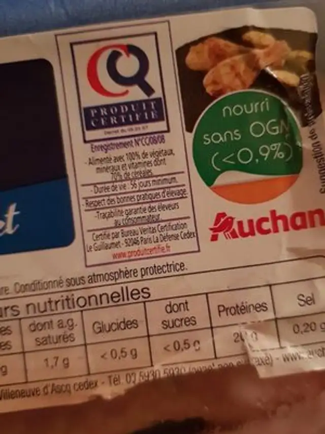 Pilons de poulet ingredients label