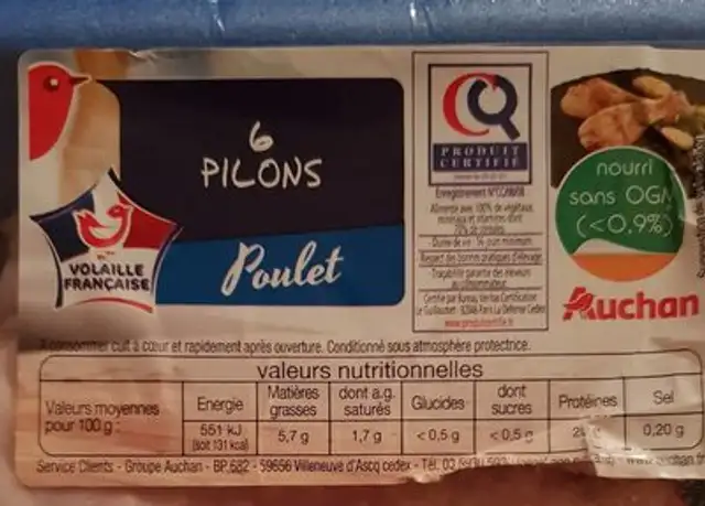 Pilons de poulet nutrition facts table