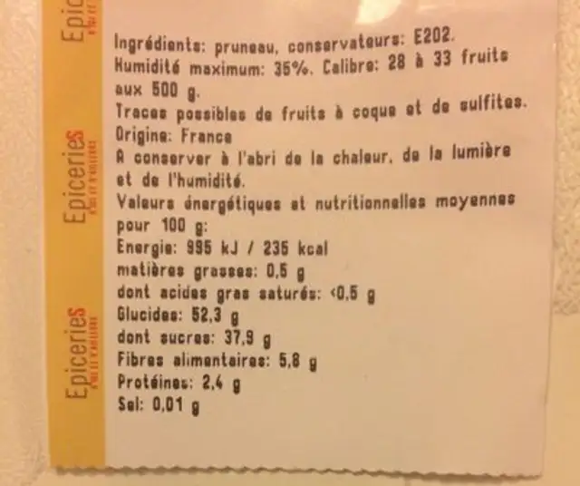 Pruneau sec ingredients label