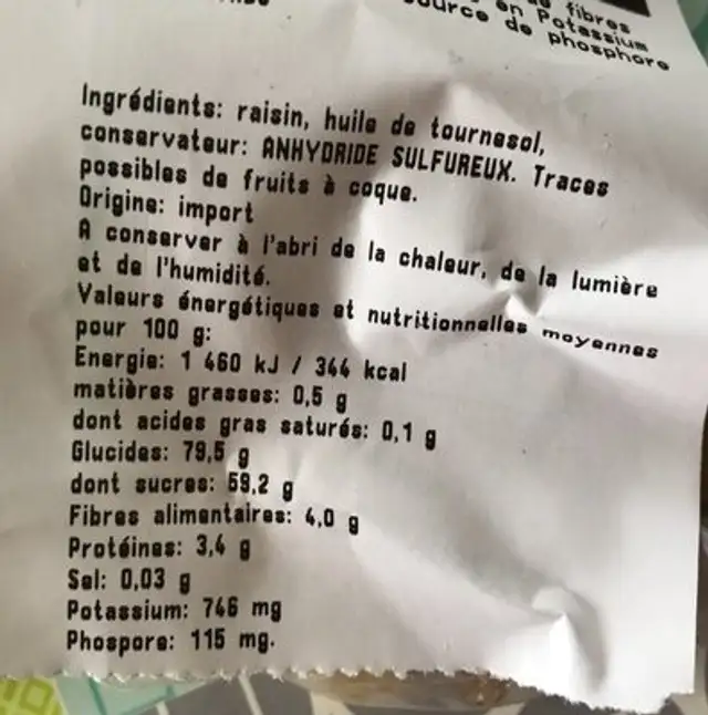 raisin sec ingredients label