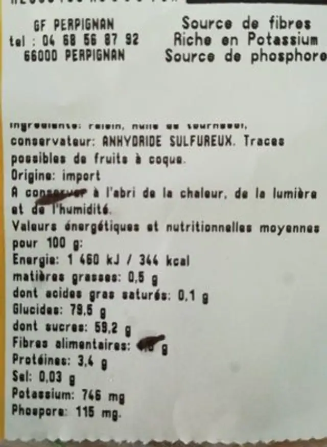 Raisin Golden ingredients label