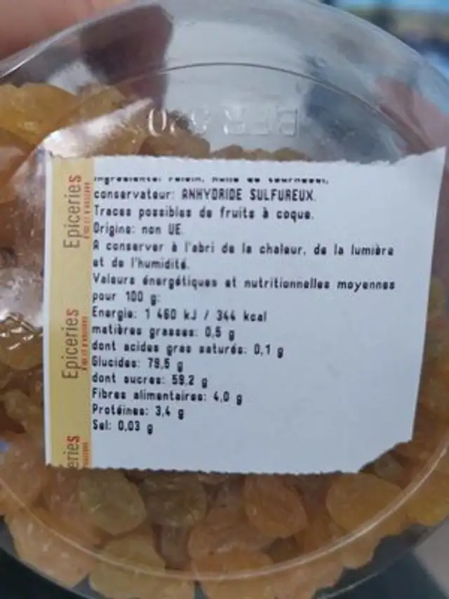 Raisin golden ingredients label
