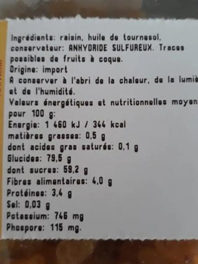 Raisin golden ingredients label