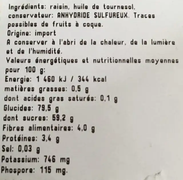 Raisin Golden ingredients label