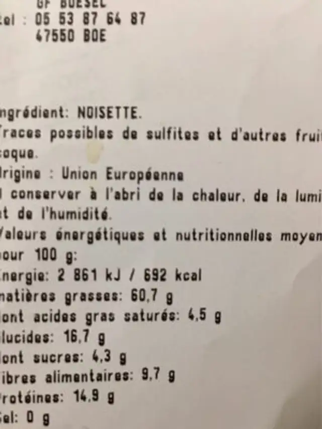 Noisette ingredients label
