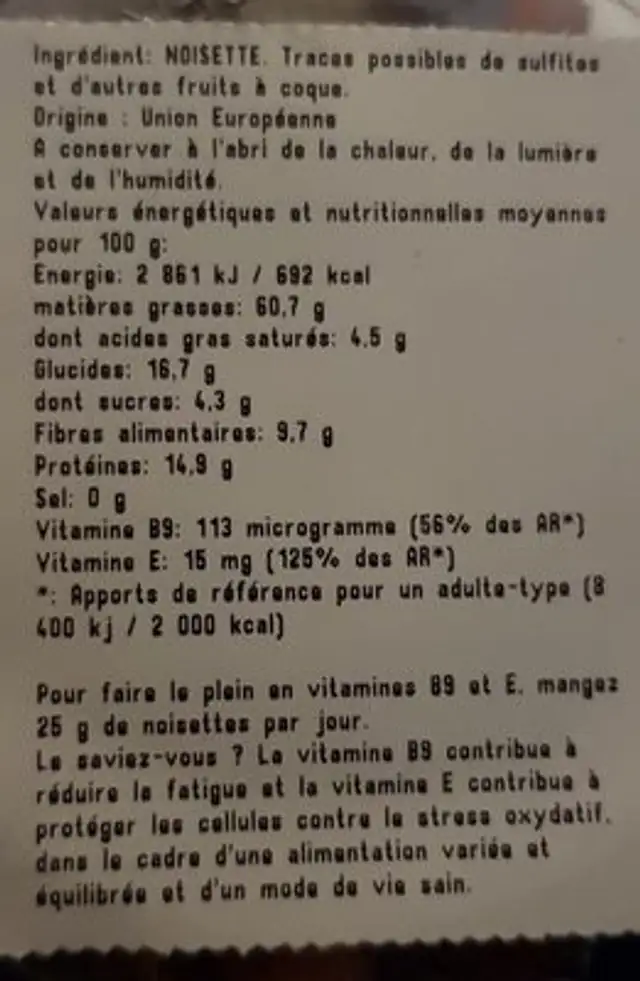 Noisette décortiquée ingredients label