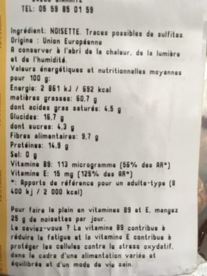Noisette decortiquee ingredients label