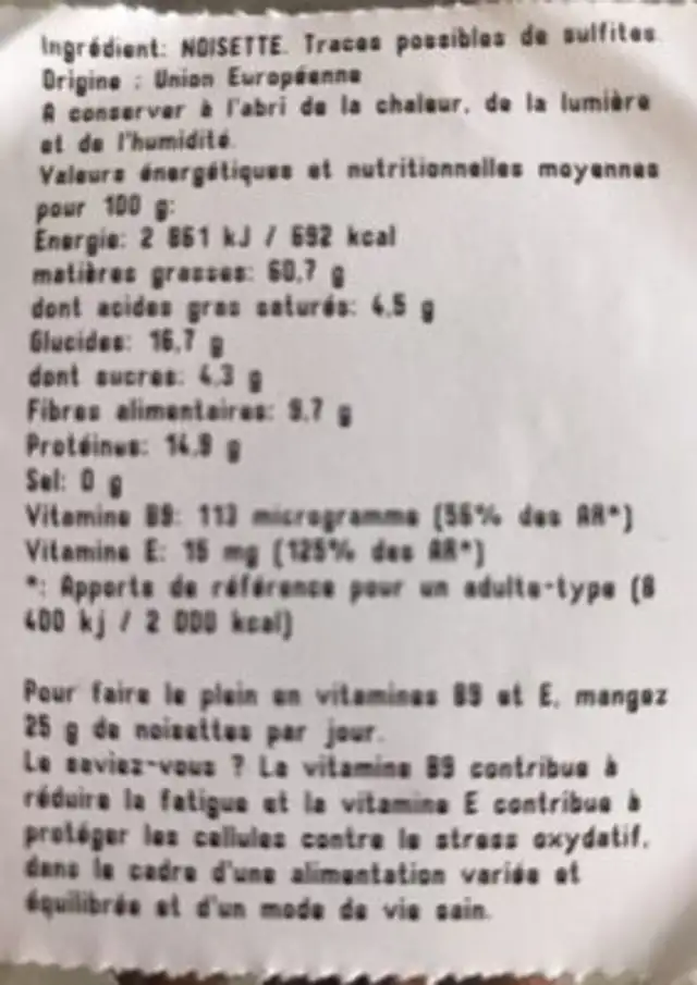 Noisettes decortiquées ingredients label