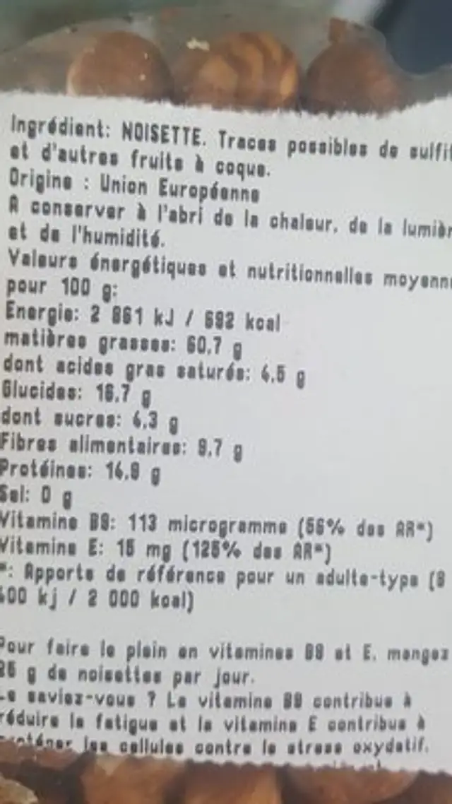Noisette decortiquee ingredients label