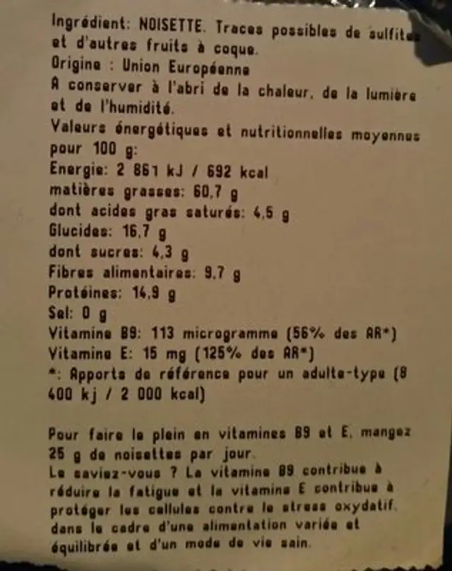 Noisettes decortiquées ingredients label