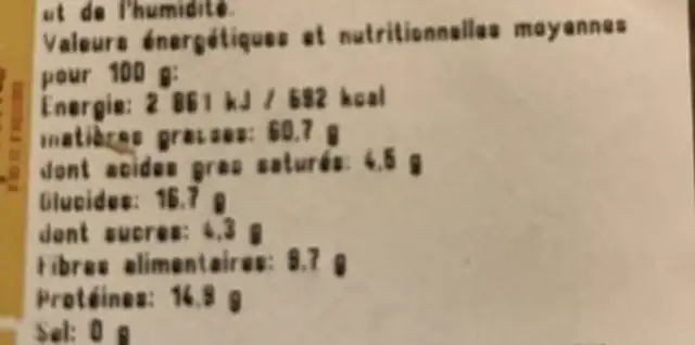 Noisettes decortiquees ingredients label