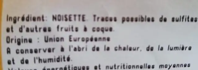 Noisettes ingredients label