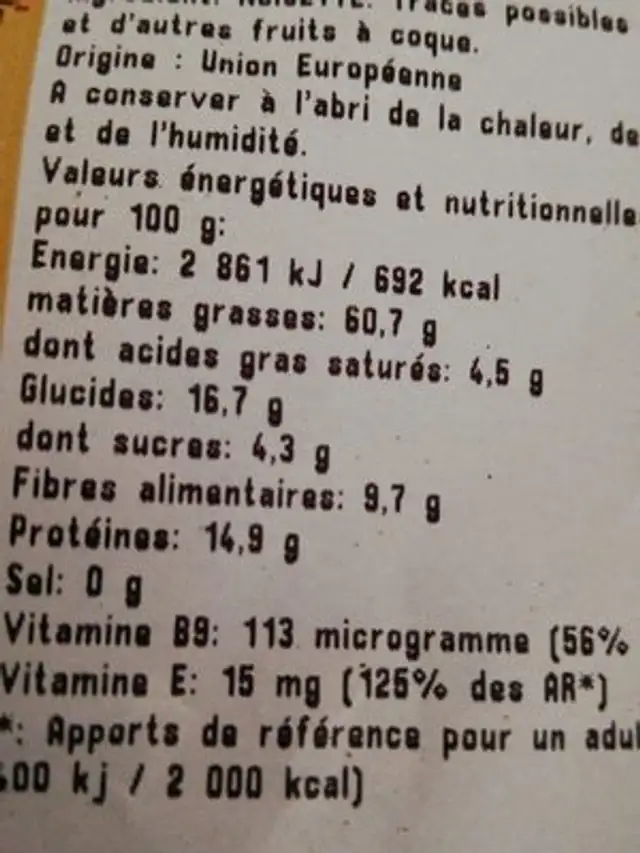 Noisettes nutrition facts table