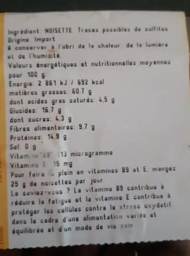 Noisette décortiquée nutrition facts table