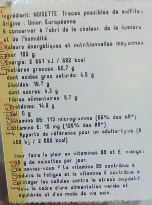 Noisettes décortiquées ingredients label