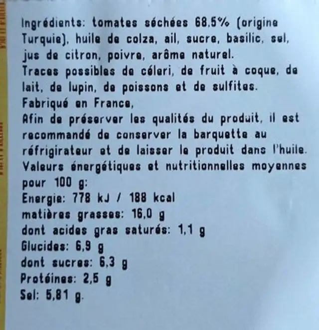 Confinade de tomate ingredients label
