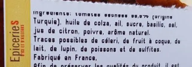 Confinade de tomate pâte à base de tomate séchées ingredients label
