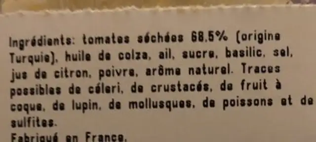 Confinade de Tomate ingredients label