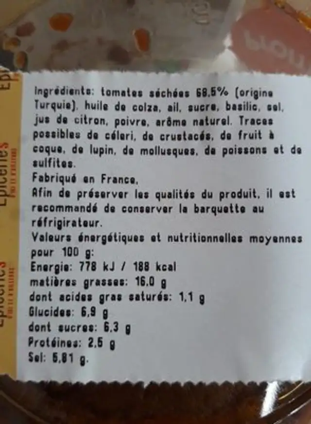 Confinade de tomates ingredients label