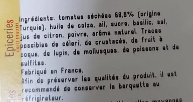 Confinade de tomate ingredients label
